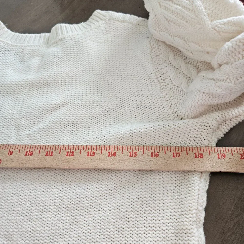 L.O.G.G. Fisherman Knit crew neck pullover, Ivory, button details, logo, women M